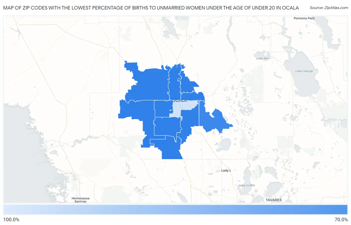 Zip Codes with the Lowest Percentage of Births to Unmarried Women under the Age of under 20 in Ocala Map