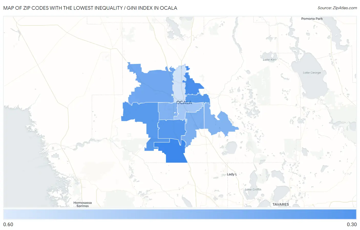 Zip Codes with the Lowest Inequality / Gini Index in Ocala Map