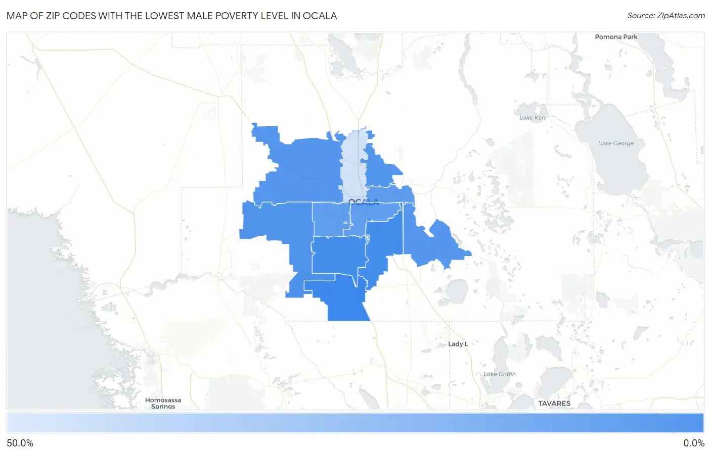Zip Codes with the Lowest Male Poverty Level in Ocala Map