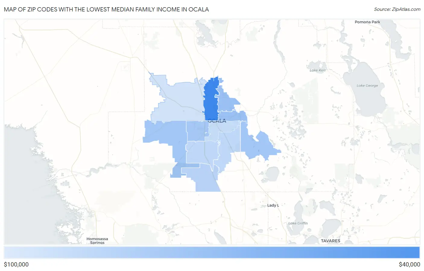 Zip Codes with the Lowest Median Family Income in Ocala Map