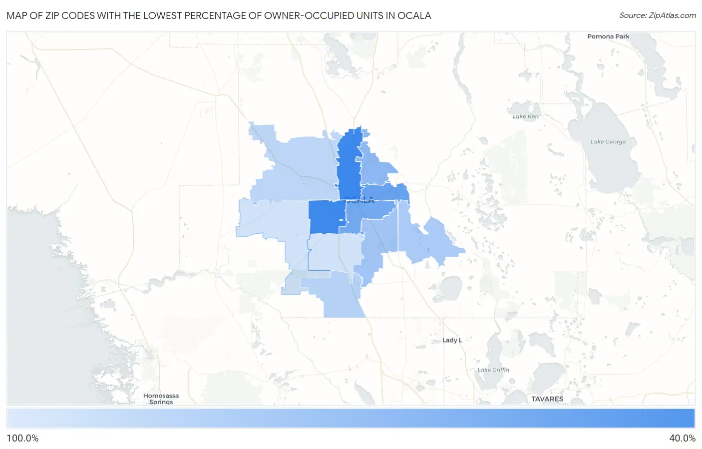 Zip Codes with the Lowest Percentage of Owner-Occupied Units in Ocala Map