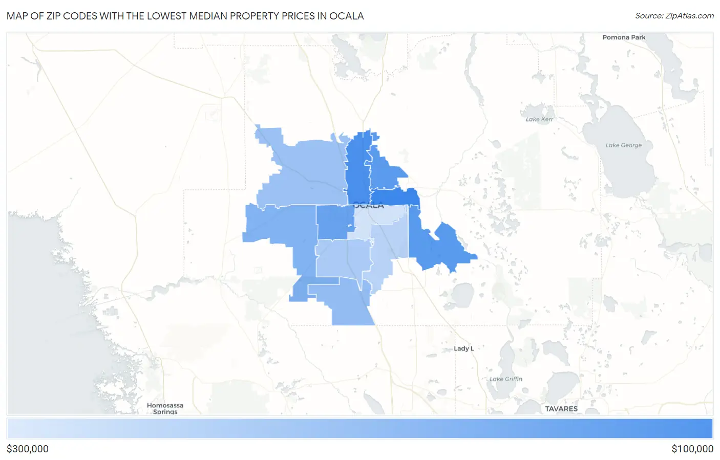 Zip Codes with the Lowest Median Property Prices in Ocala Map
