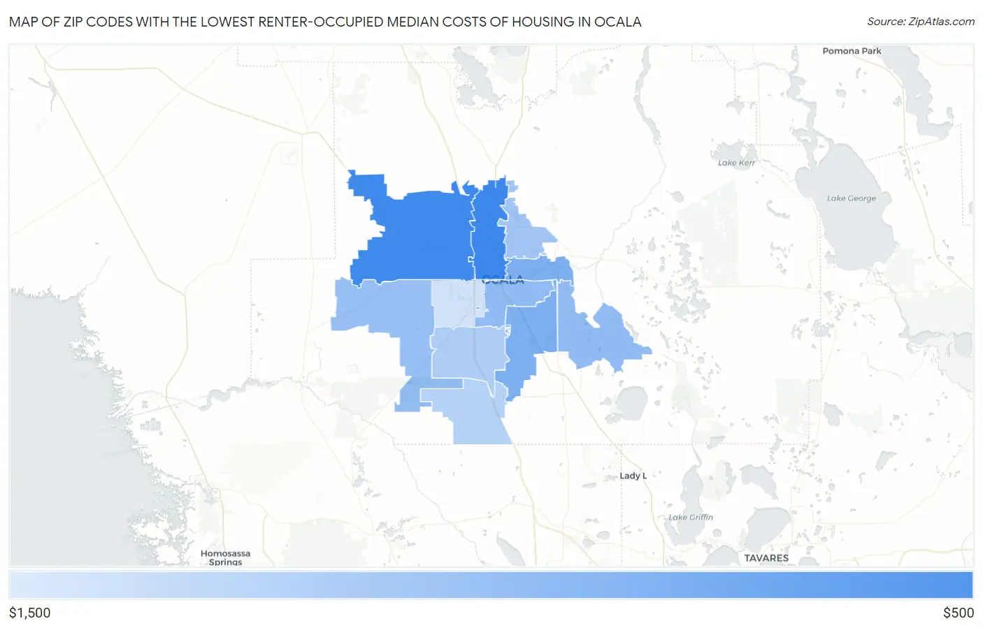 Zip Codes with the Lowest Renter-Occupied Median Costs of Housing in Ocala Map