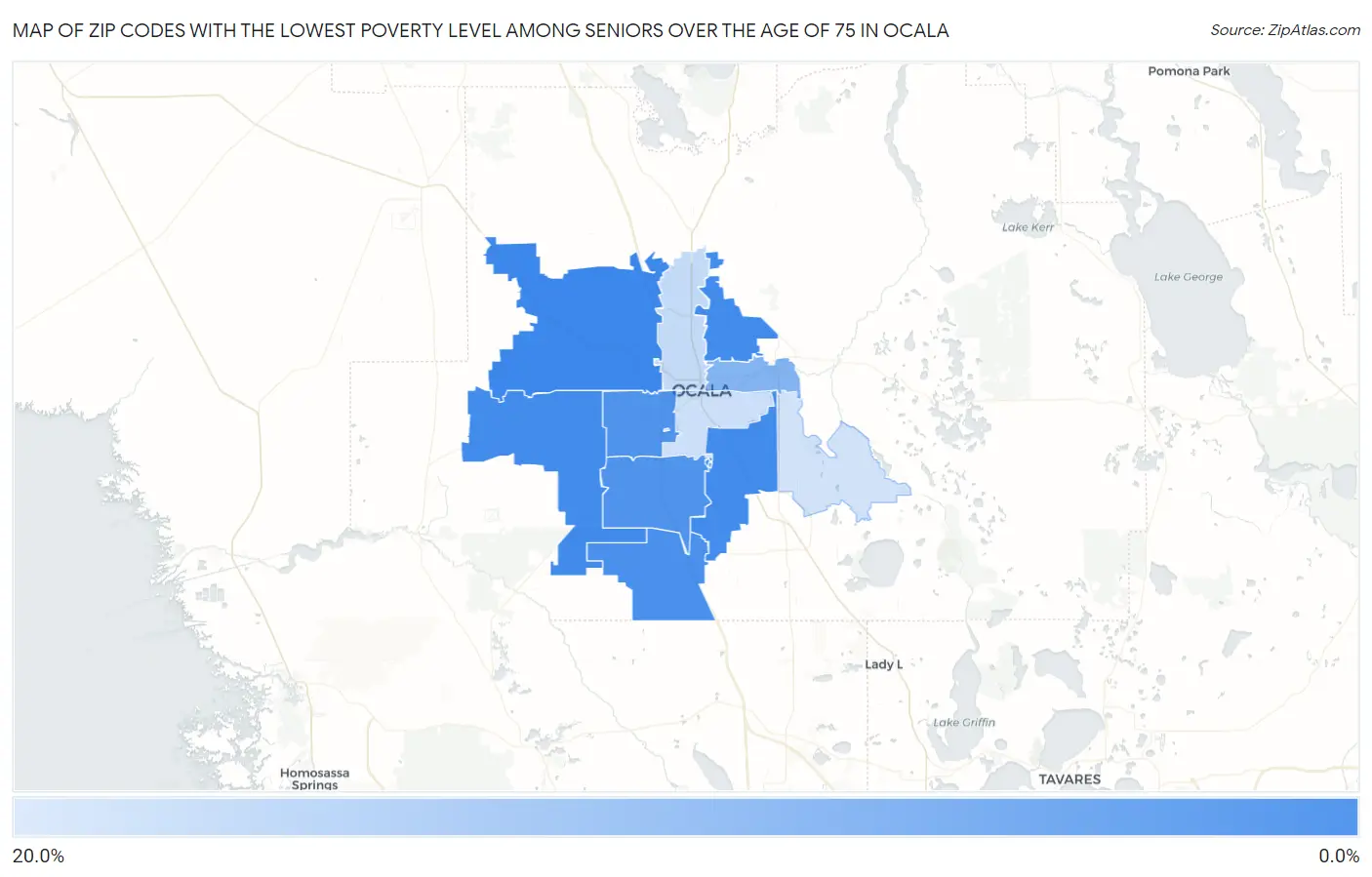 Zip Codes with the Lowest Poverty Level Among Seniors Over the Age of 75 in Ocala Map