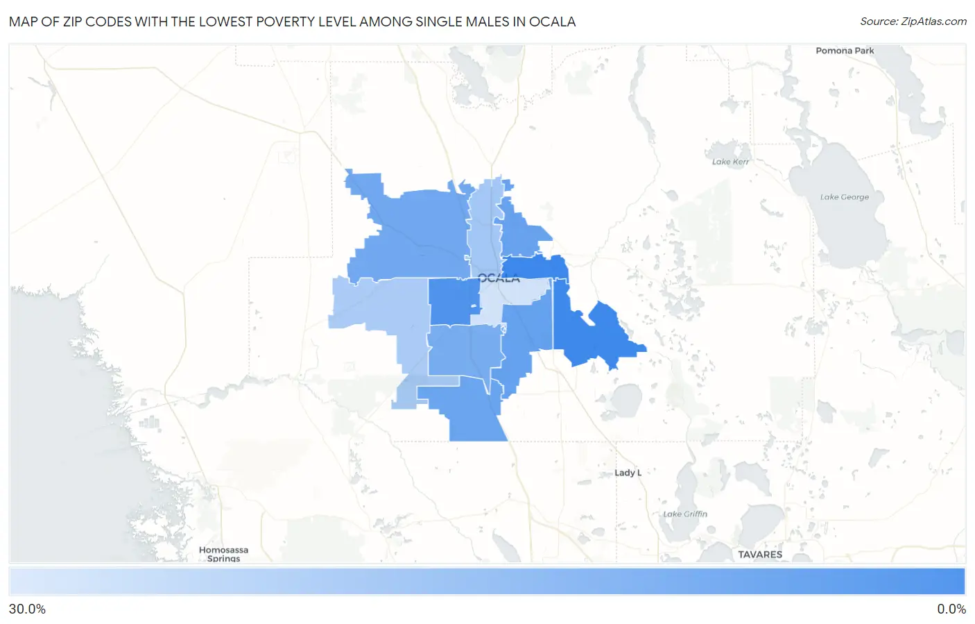 Zip Codes with the Lowest Poverty Level Among Single Males in Ocala Map