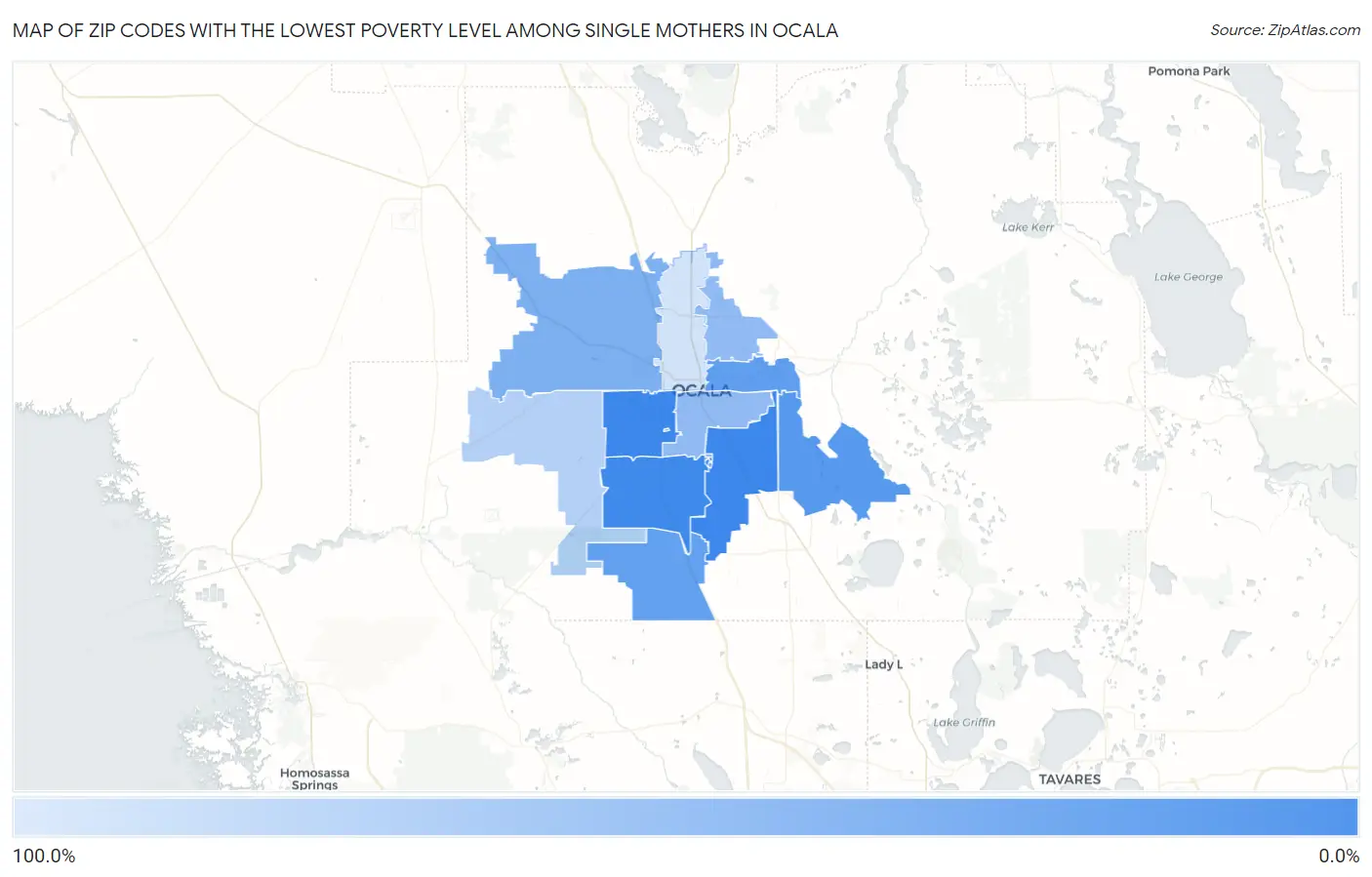 Zip Codes with the Lowest Poverty Level Among Single Mothers in Ocala Map