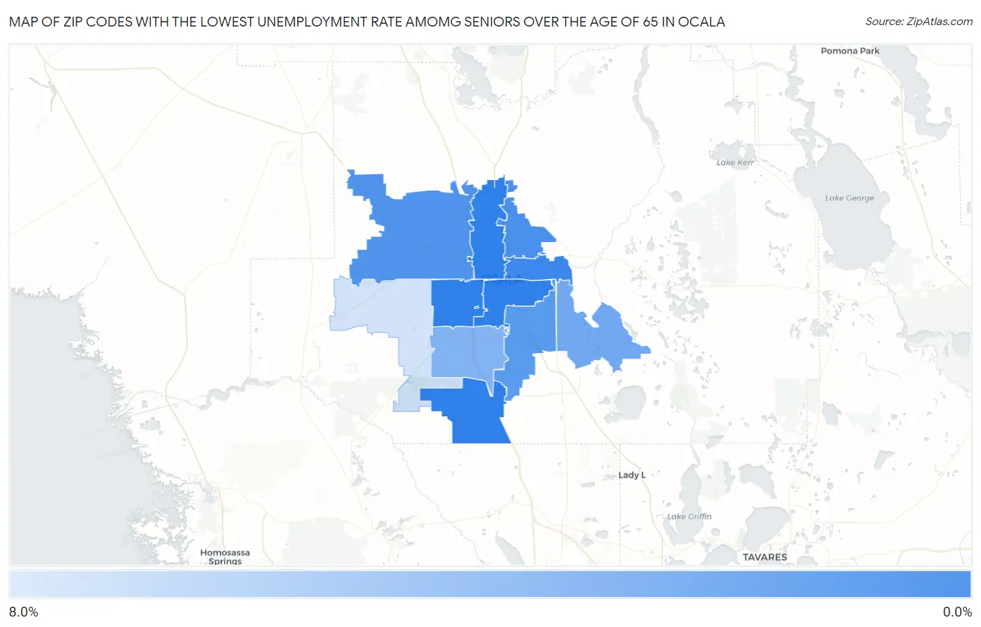 Zip Codes with the Lowest Unemployment Rate Amomg Seniors Over the Age of 65 in Ocala Map