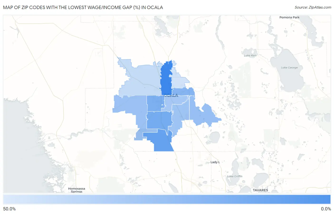 Zip Codes with the Lowest Wage/Income Gap (%) in Ocala Map