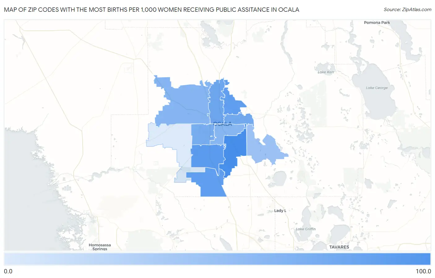 Zip Codes with the Most Births per 1,000 Women Receiving Public Assitance in Ocala Map