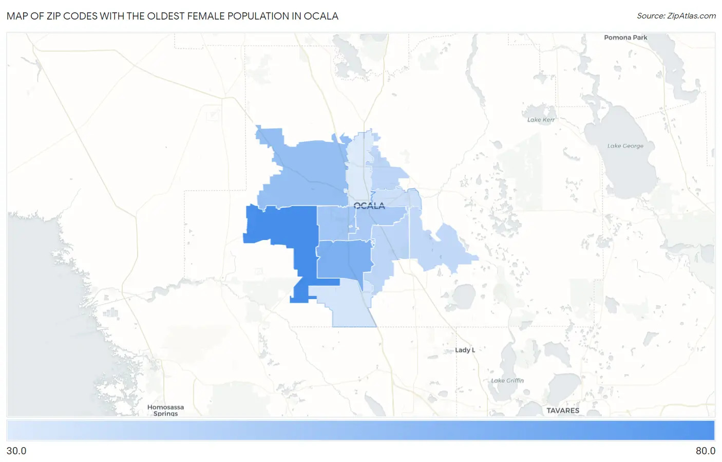 Zip Codes with the Oldest Female Population in Ocala Map