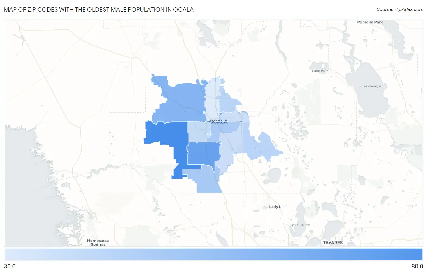 Zip Codes with the Oldest Male Population in Ocala Map