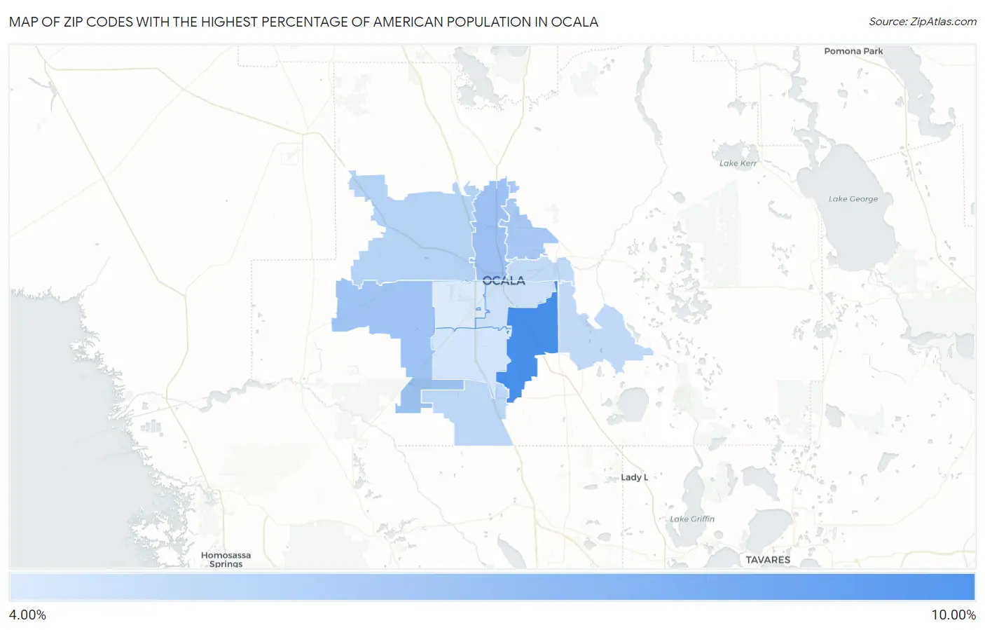 Zip Codes with the Highest Percentage of American Population in Ocala Map