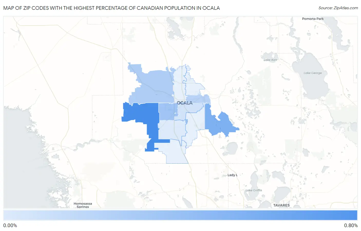 Zip Codes with the Highest Percentage of Canadian Population in Ocala Map