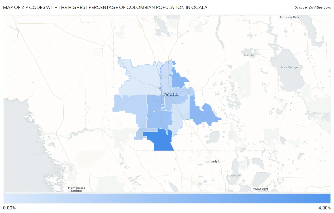 Zip Codes with the Highest Percentage of Colombian Population in Ocala Map