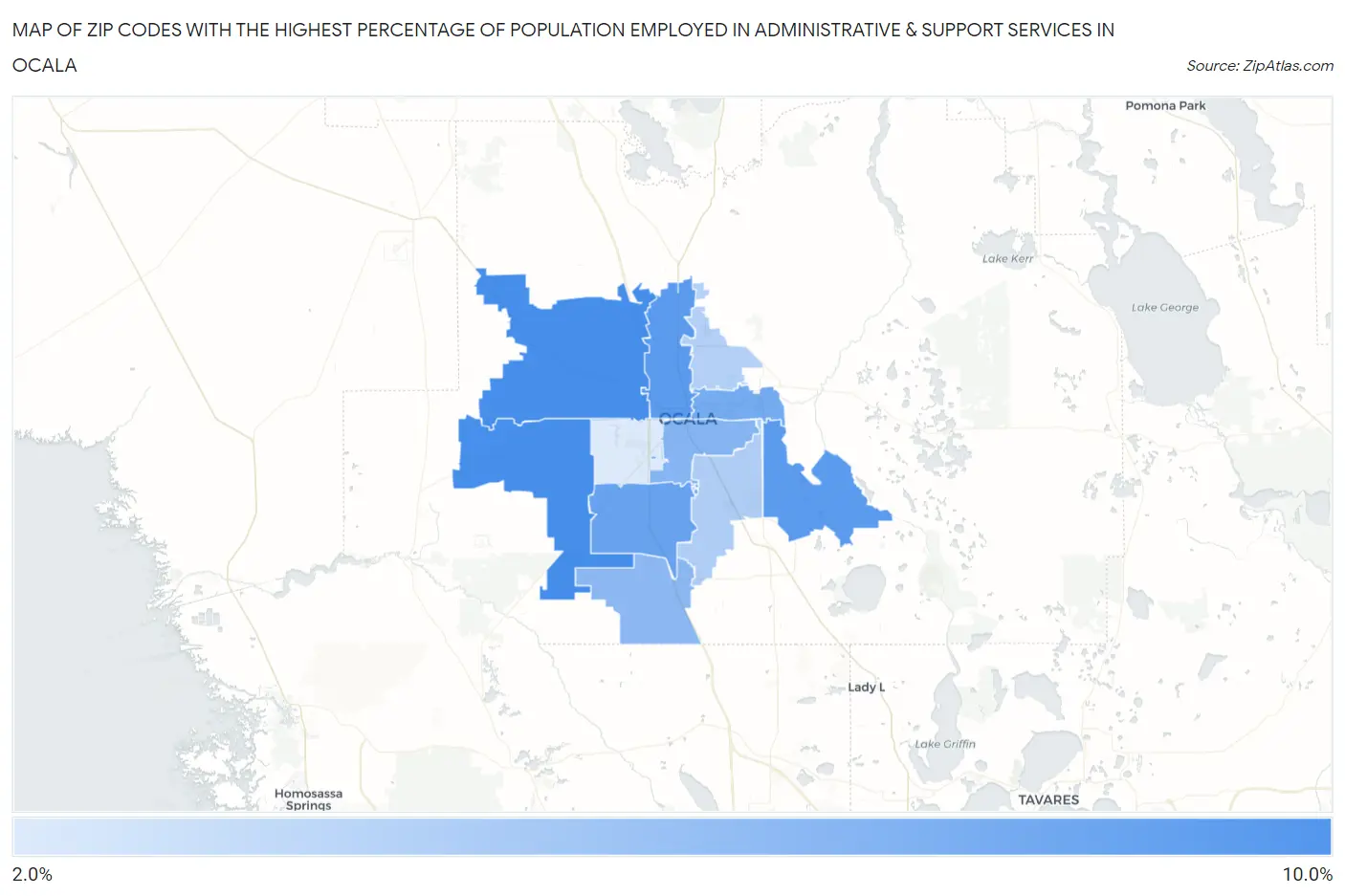 Zip Codes with the Highest Percentage of Population Employed in Administrative & Support Services in Ocala Map