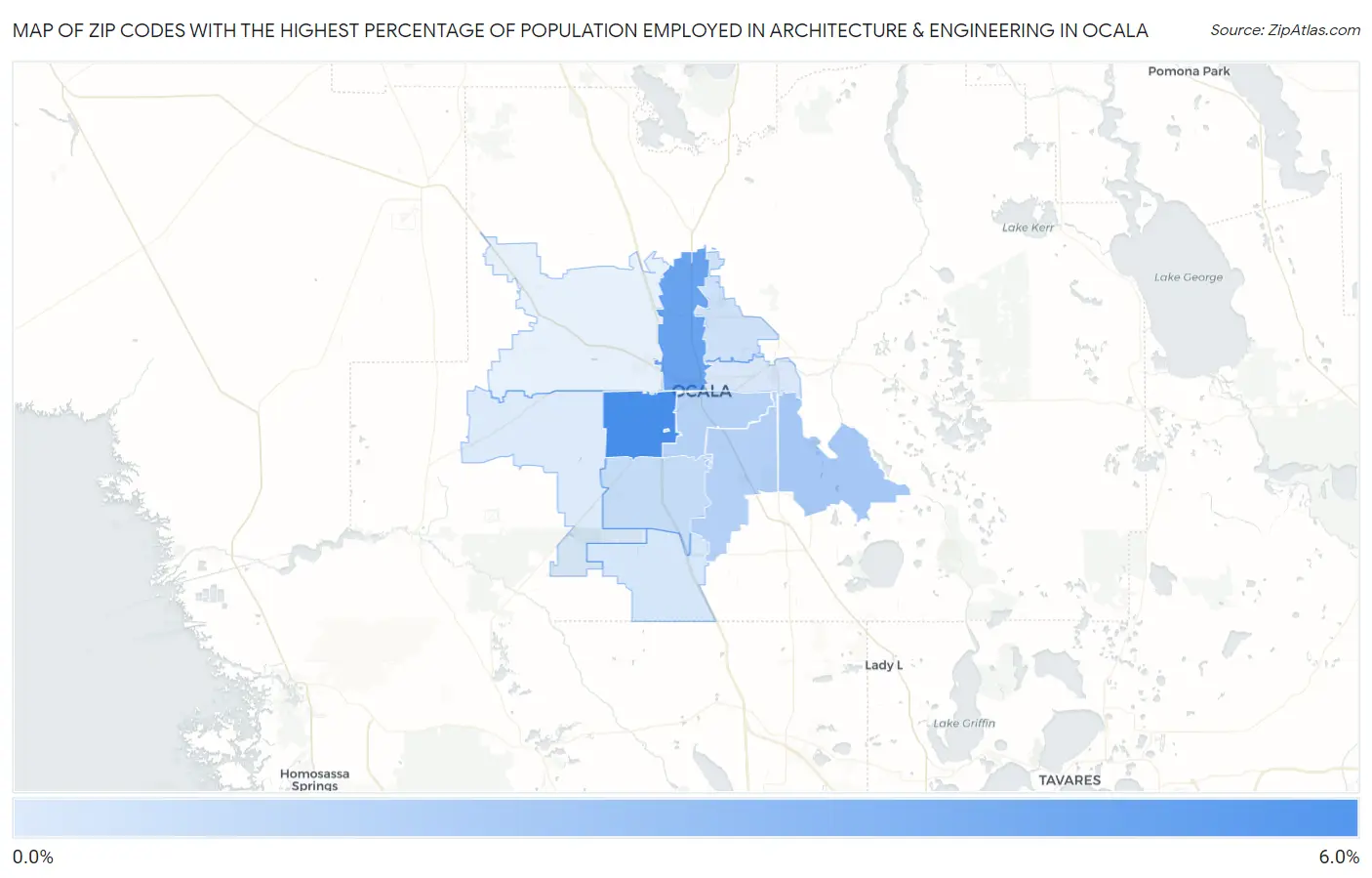 Zip Codes with the Highest Percentage of Population Employed in Architecture & Engineering in Ocala Map