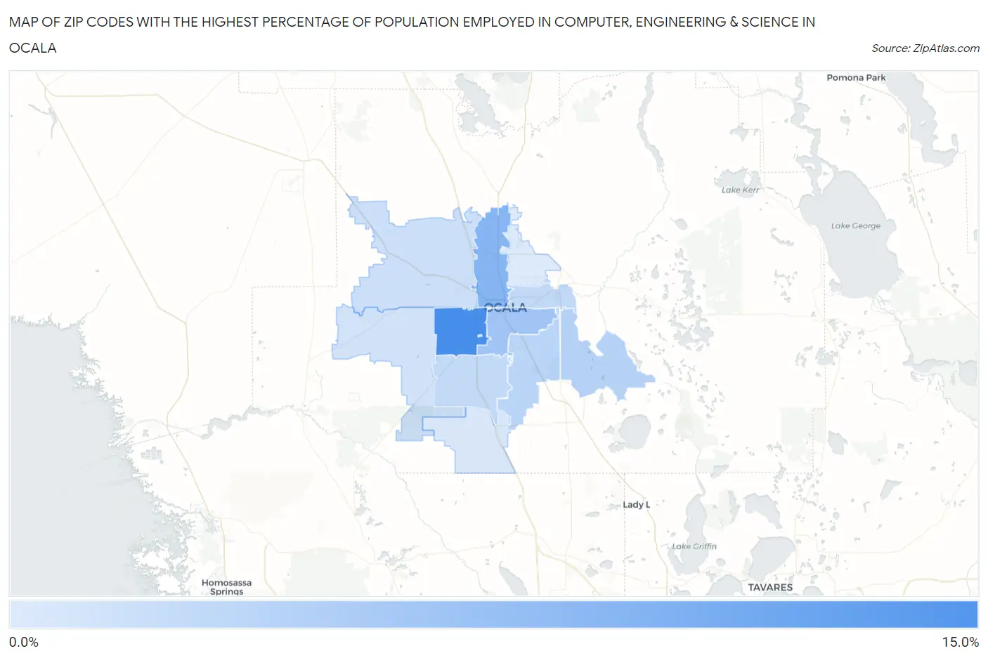 Zip Codes with the Highest Percentage of Population Employed in Computer, Engineering & Science in Ocala Map