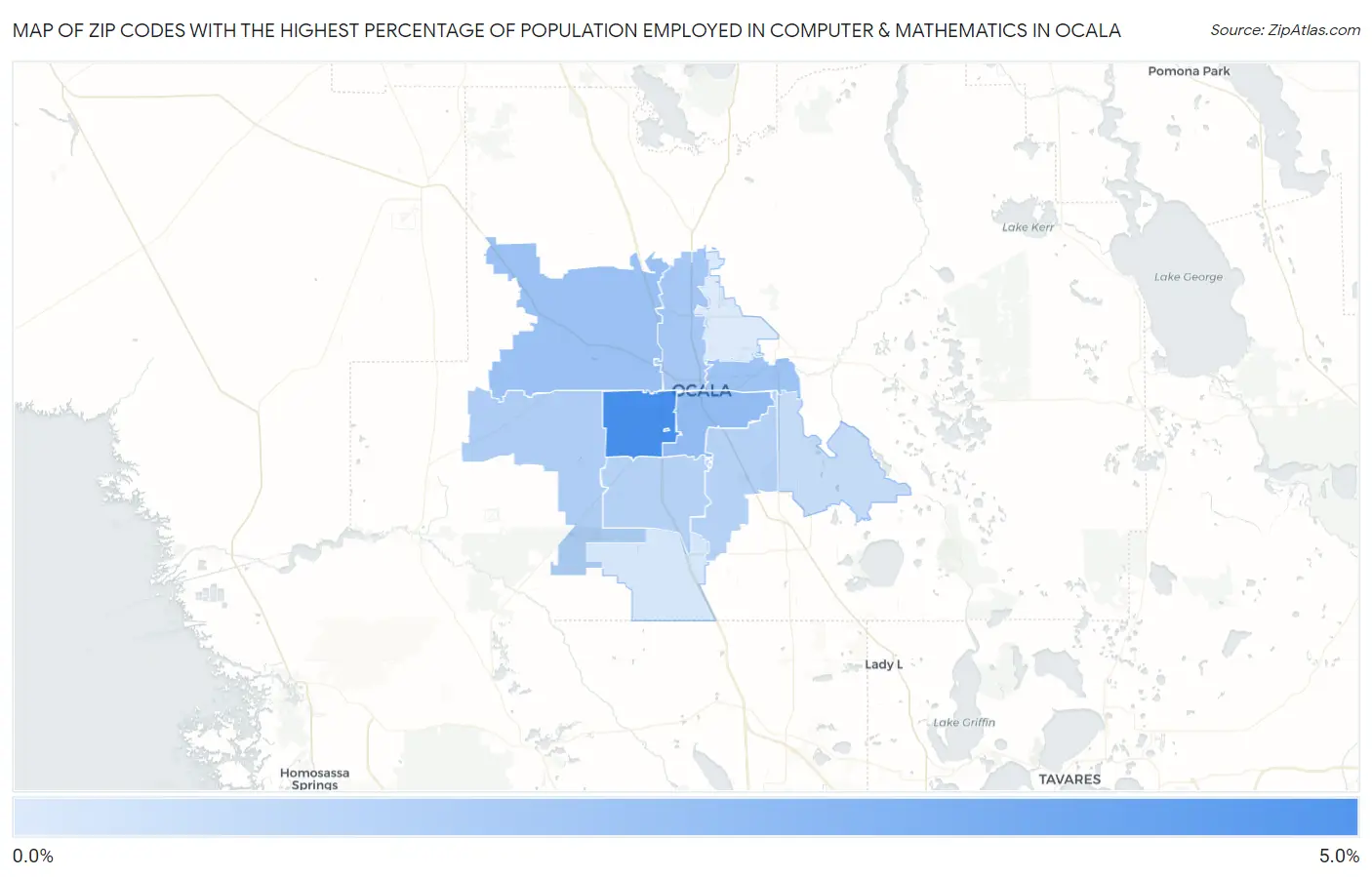 Zip Codes with the Highest Percentage of Population Employed in Computer & Mathematics in Ocala Map