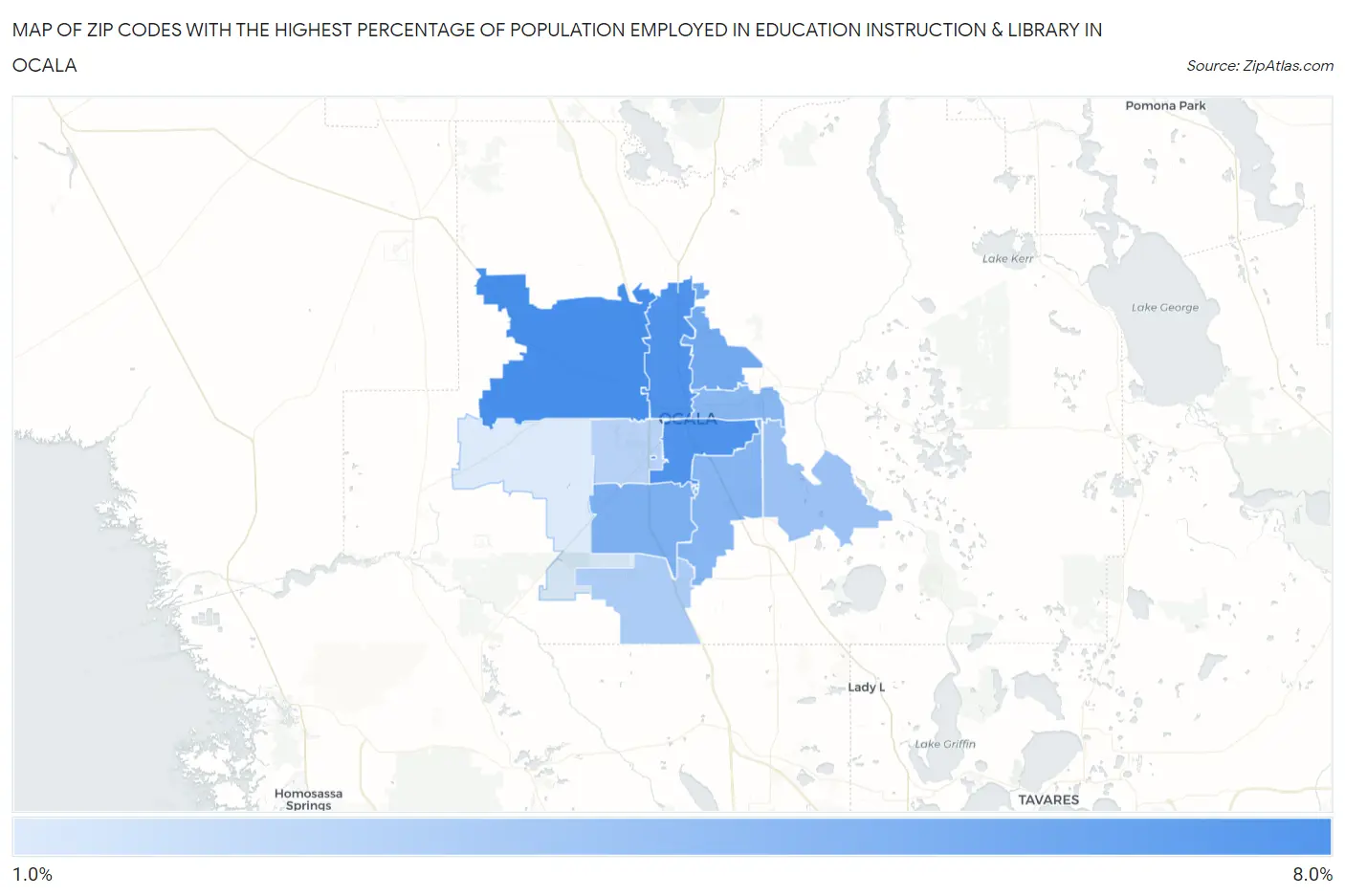 Zip Codes with the Highest Percentage of Population Employed in Education Instruction & Library in Ocala Map