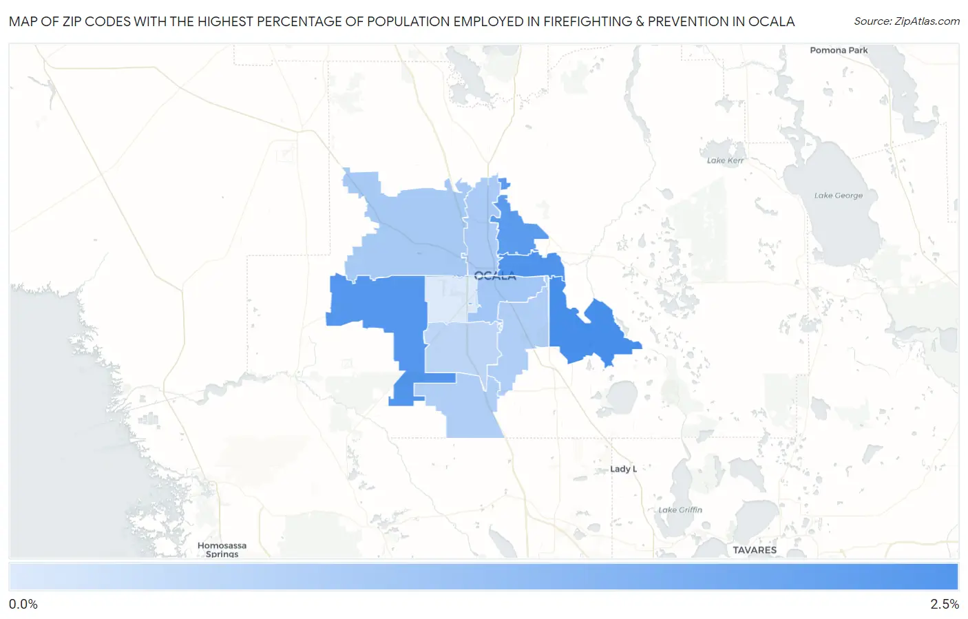 Zip Codes with the Highest Percentage of Population Employed in Firefighting & Prevention in Ocala Map