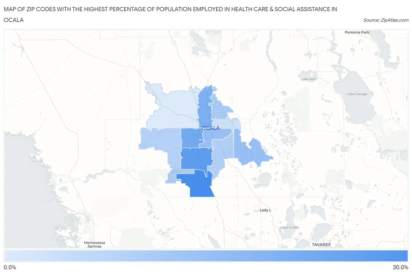 Zip Codes with the Highest Percentage of Population Employed in Health Care & Social Assistance in Ocala Map
