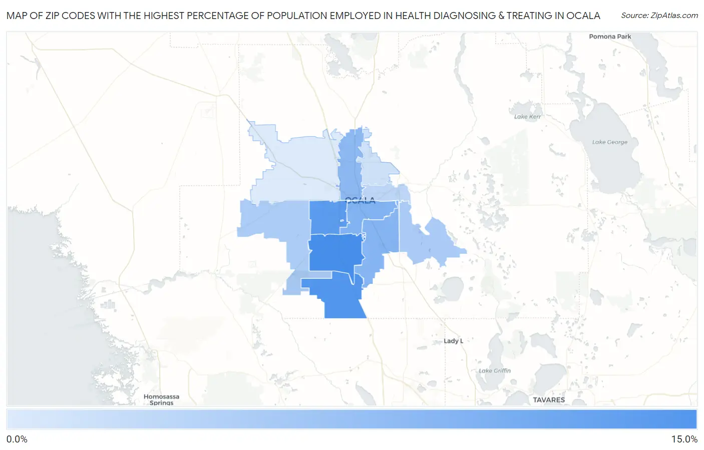 Zip Codes with the Highest Percentage of Population Employed in Health Diagnosing & Treating in Ocala Map