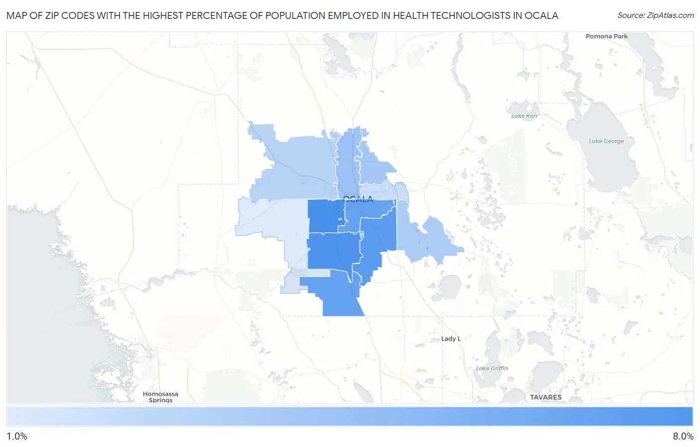 Zip Codes with the Highest Percentage of Population Employed in Health Technologists in Ocala Map
