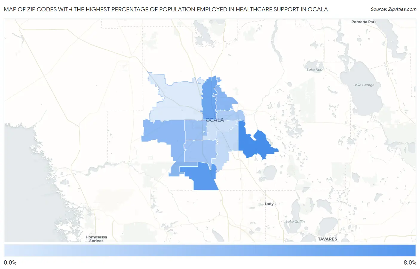 Zip Codes with the Highest Percentage of Population Employed in Healthcare Support in Ocala Map