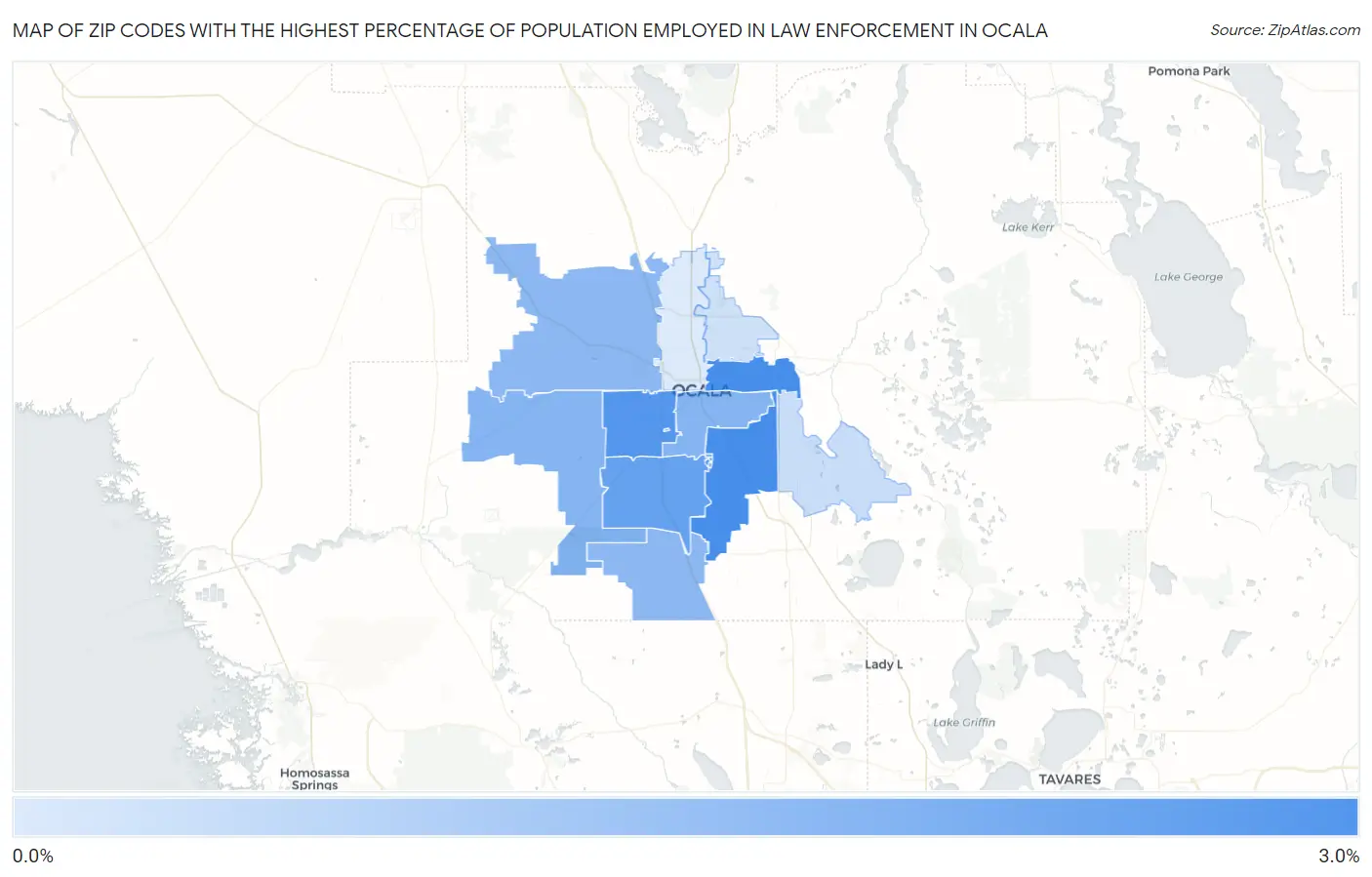 Zip Codes with the Highest Percentage of Population Employed in Law Enforcement in Ocala Map