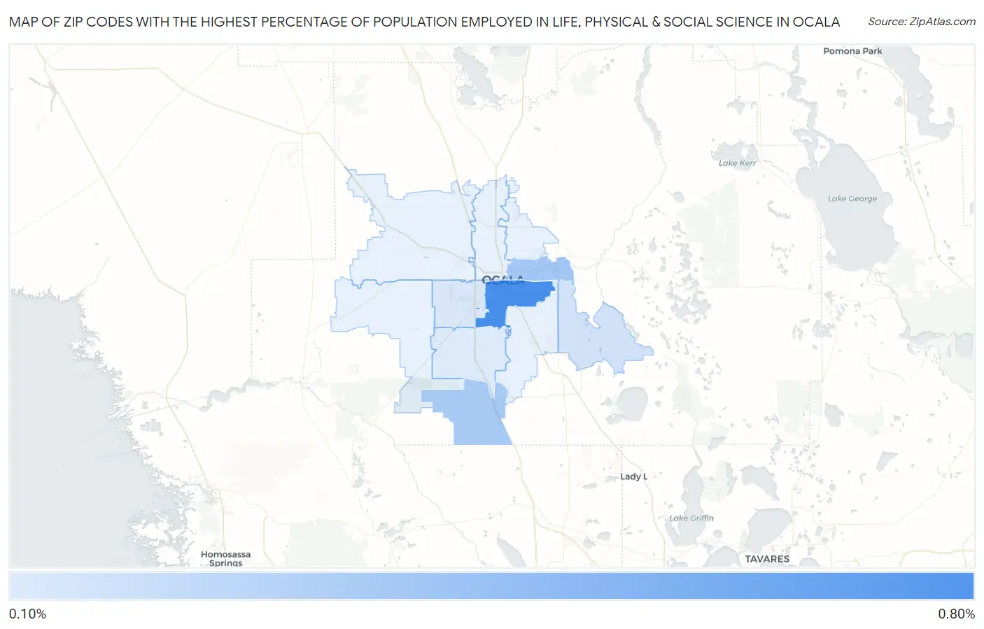 Zip Codes with the Highest Percentage of Population Employed in Life, Physical & Social Science in Ocala Map