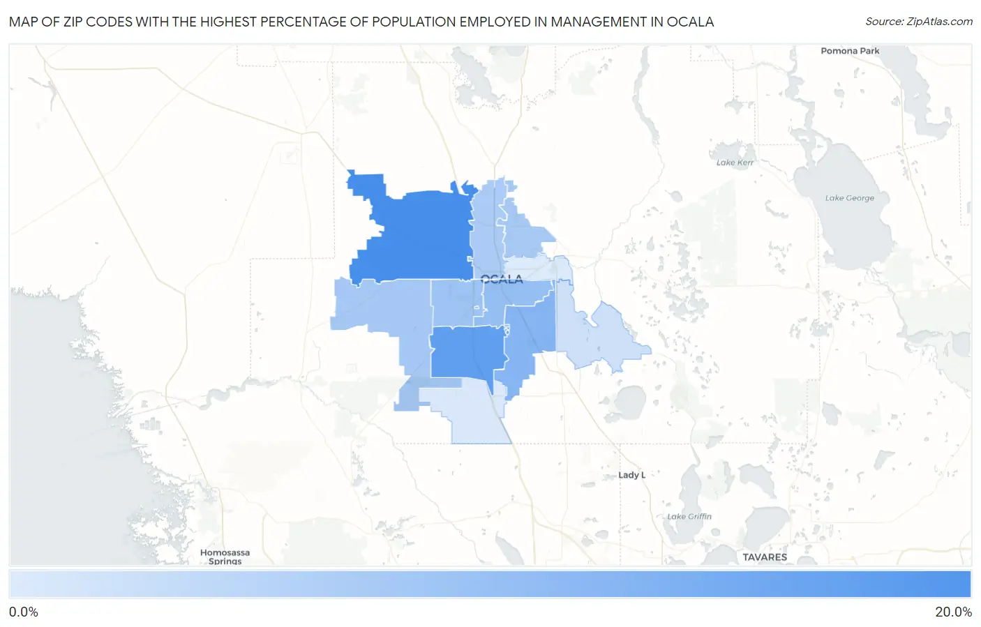 Zip Codes with the Highest Percentage of Population Employed in Management in Ocala Map