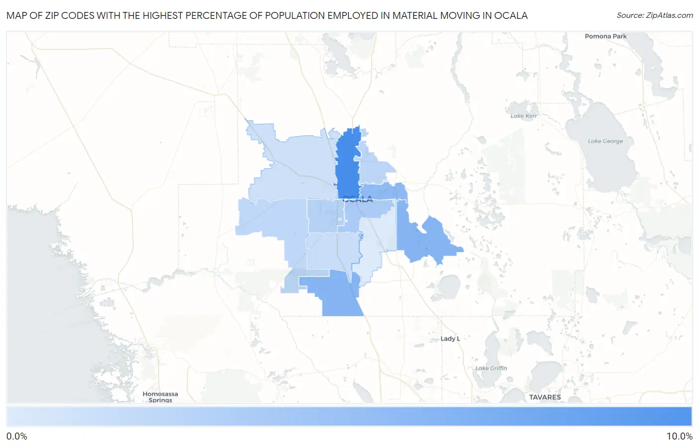 Zip Codes with the Highest Percentage of Population Employed in Material Moving in Ocala Map