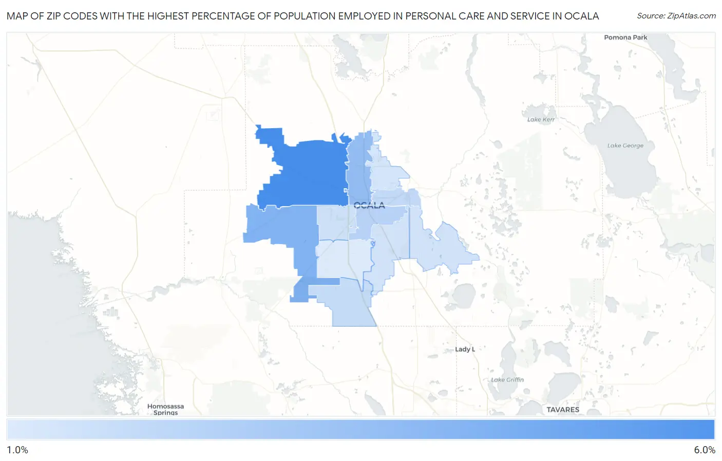 Zip Codes with the Highest Percentage of Population Employed in Personal Care and Service in Ocala Map