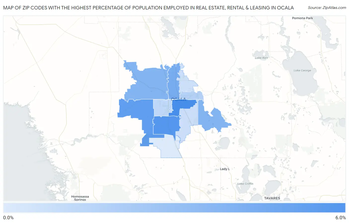 Zip Codes with the Highest Percentage of Population Employed in Real Estate, Rental & Leasing in Ocala Map