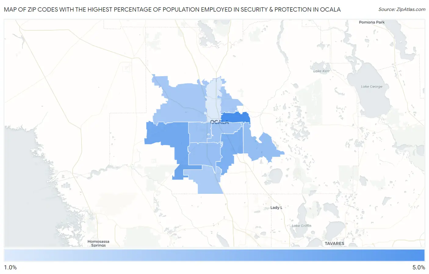 Zip Codes with the Highest Percentage of Population Employed in Security & Protection in Ocala Map