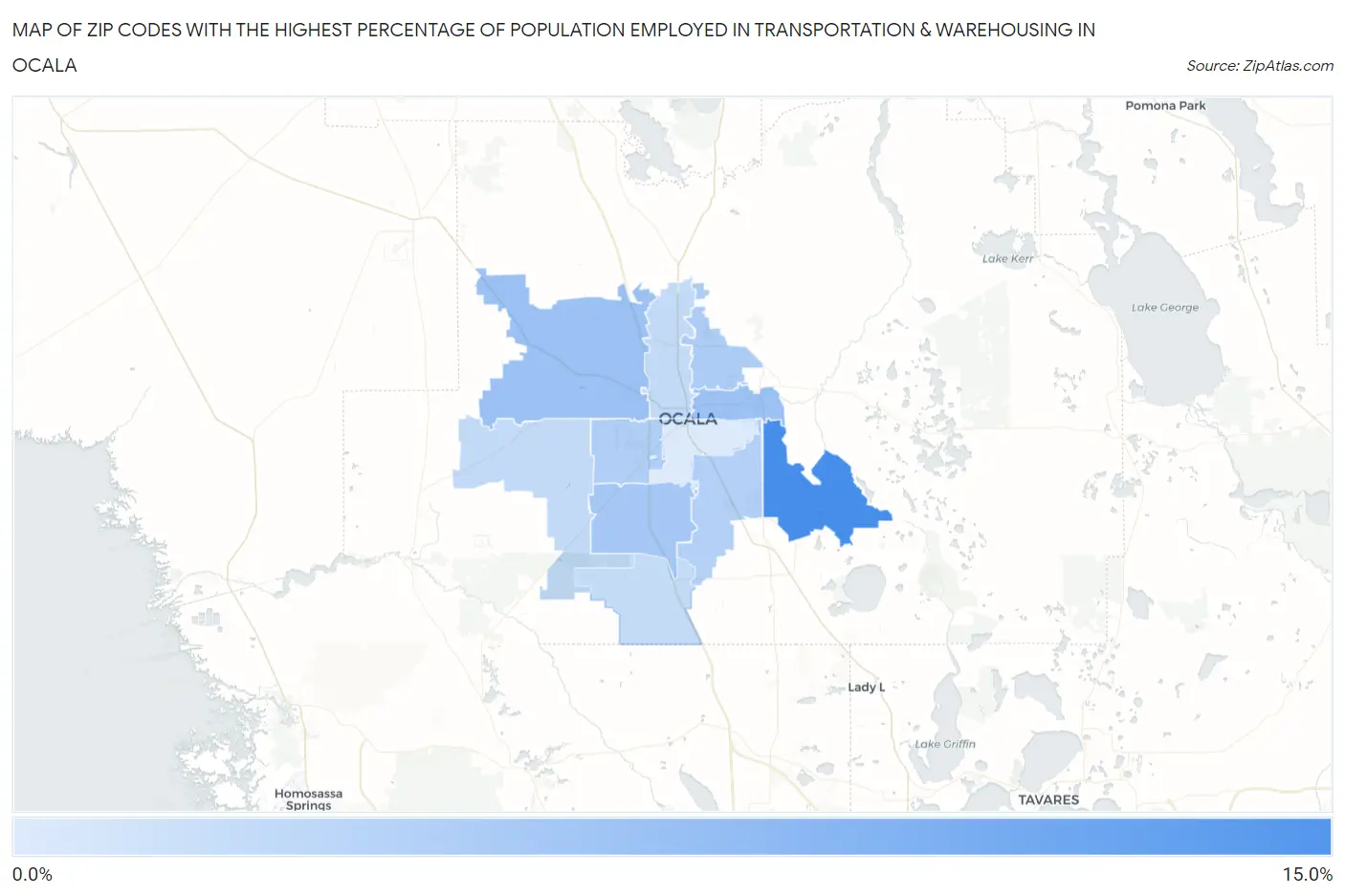 Zip Codes with the Highest Percentage of Population Employed in Transportation & Warehousing in Ocala Map