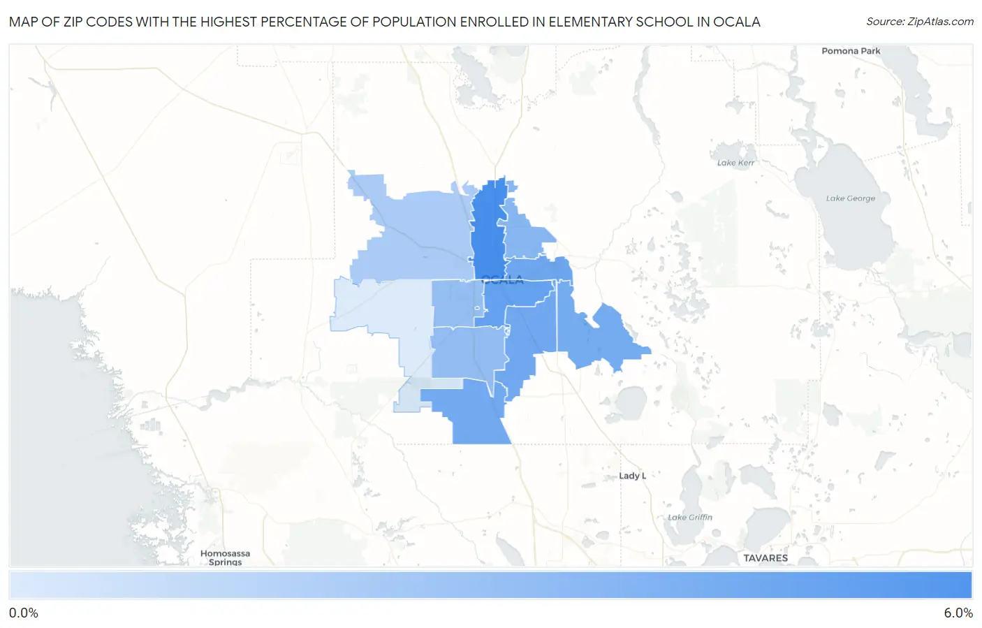 Zip Codes with the Highest Percentage of Population Enrolled in Elementary School in Ocala Map