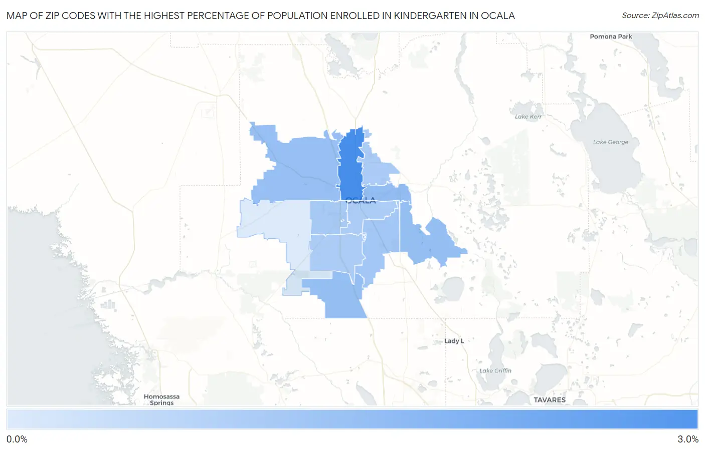 Zip Codes with the Highest Percentage of Population Enrolled in Kindergarten in Ocala Map