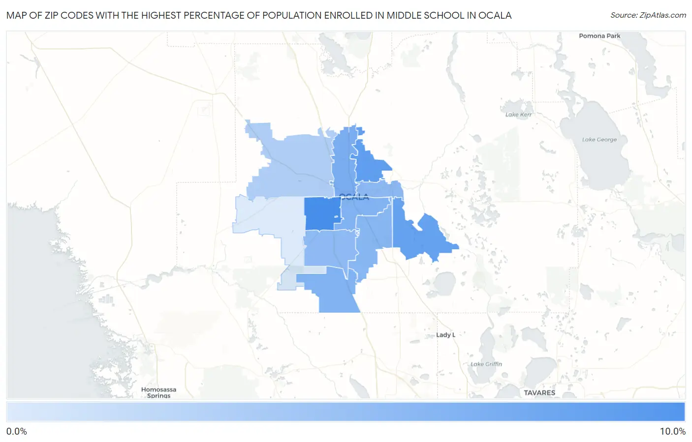 Zip Codes with the Highest Percentage of Population Enrolled in Middle School in Ocala Map