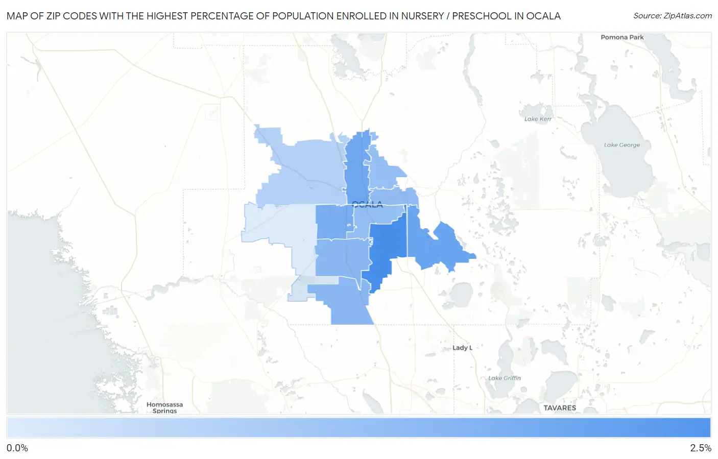 Zip Codes with the Highest Percentage of Population Enrolled in Nursery / Preschool in Ocala Map