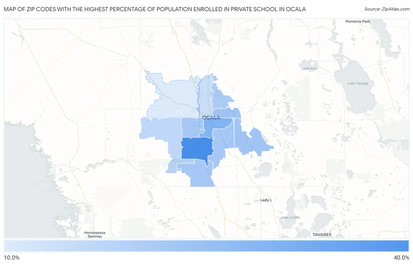 Zip Codes with the Highest Percentage of Population Enrolled in Private School in Ocala Map