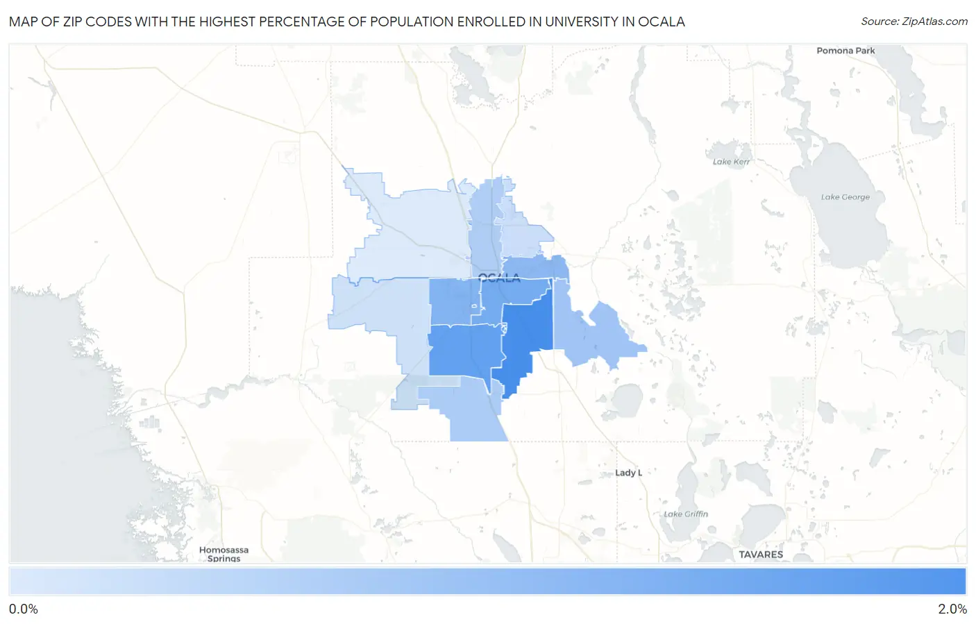 Zip Codes with the Highest Percentage of Population Enrolled in University in Ocala Map