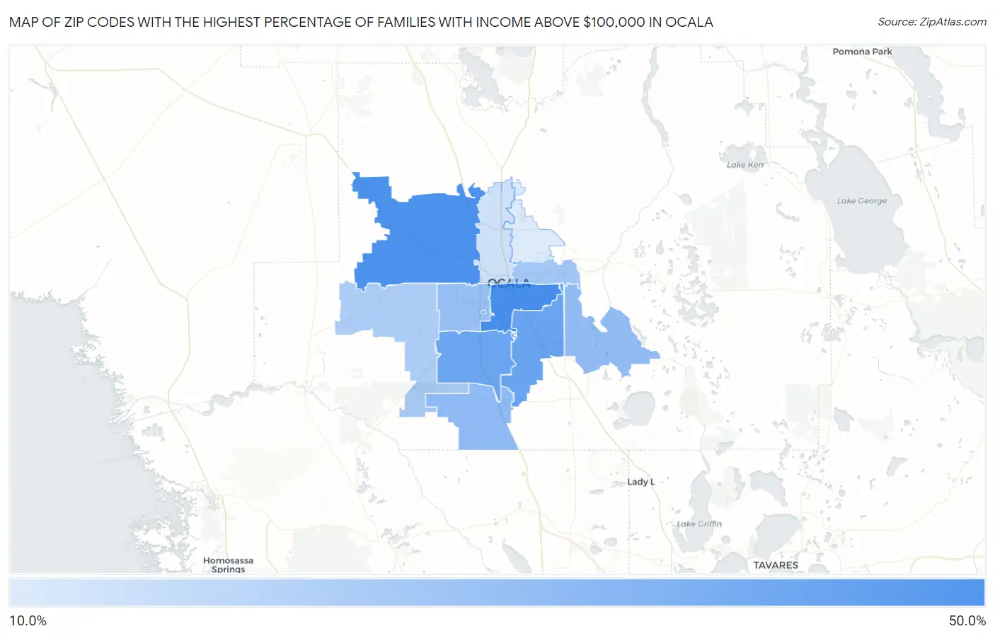 Zip Codes with the Highest Percentage of Families with Income Above $100,000 in Ocala Map