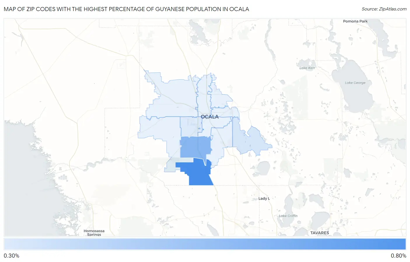 Zip Codes with the Highest Percentage of Guyanese Population in Ocala Map