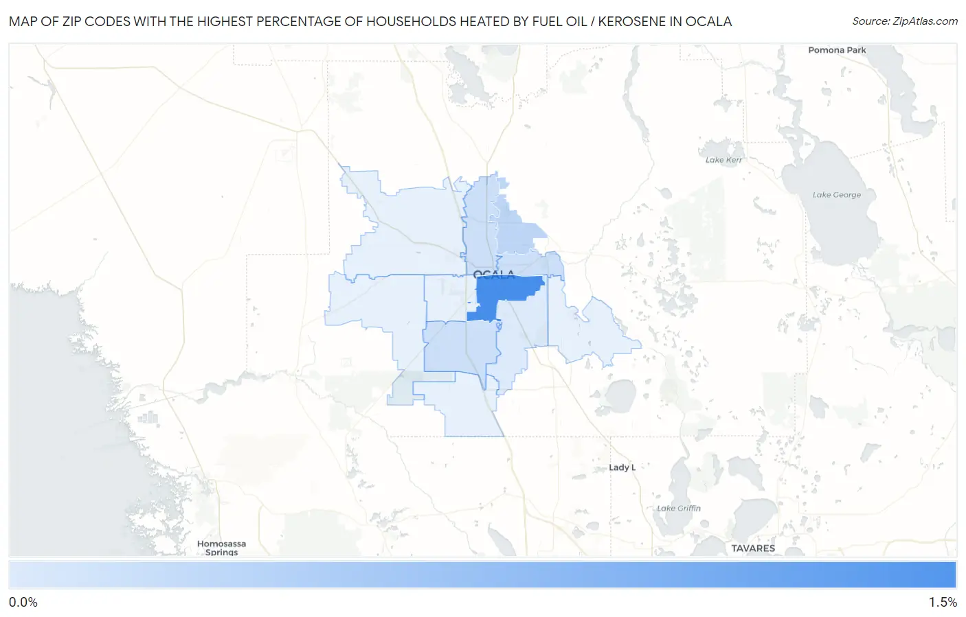 Zip Codes with the Highest Percentage of Households Heated by Fuel Oil / Kerosene in Ocala Map
