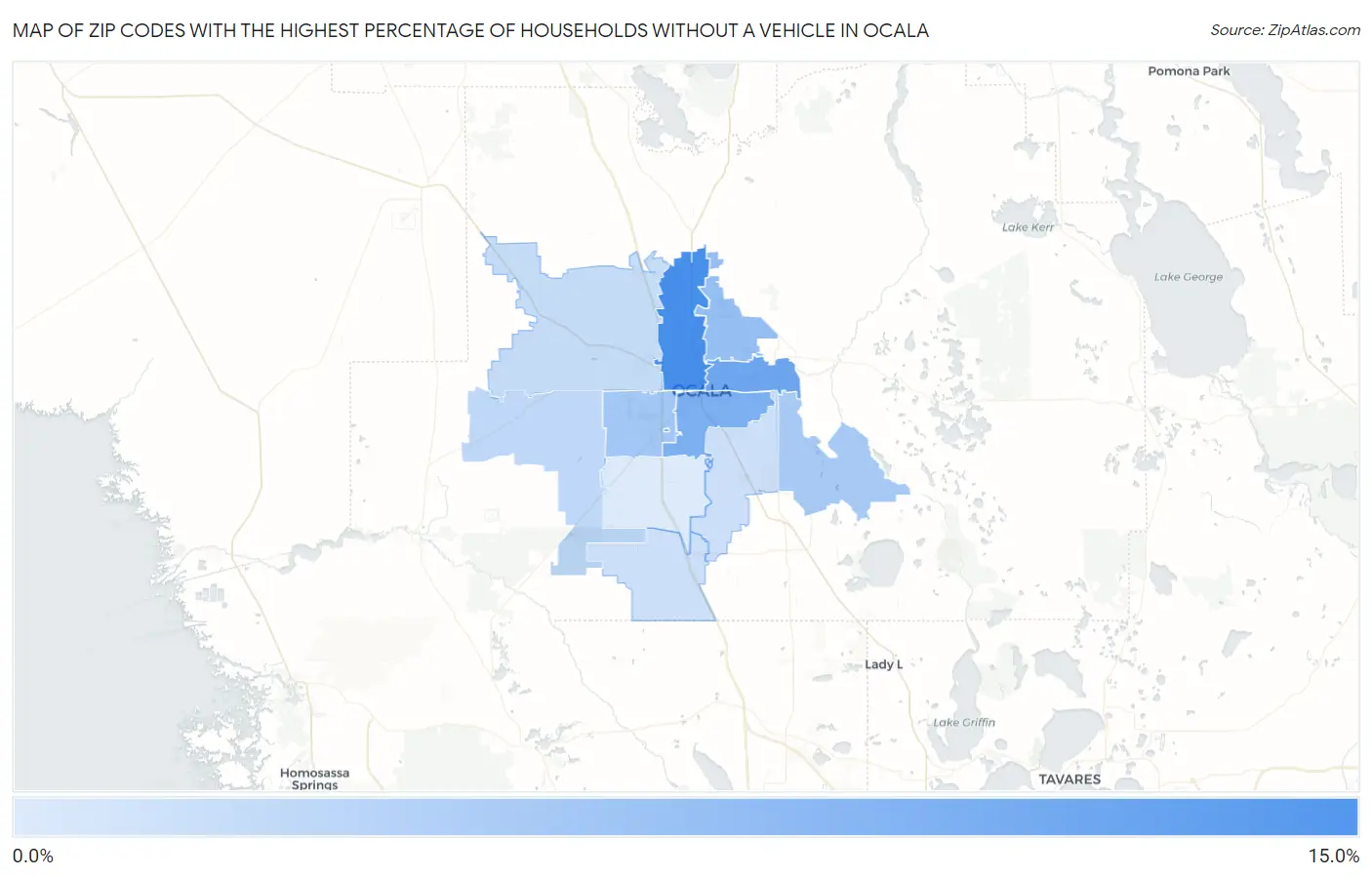 Zip Codes with the Highest Percentage of Households Without a Vehicle in Ocala Map