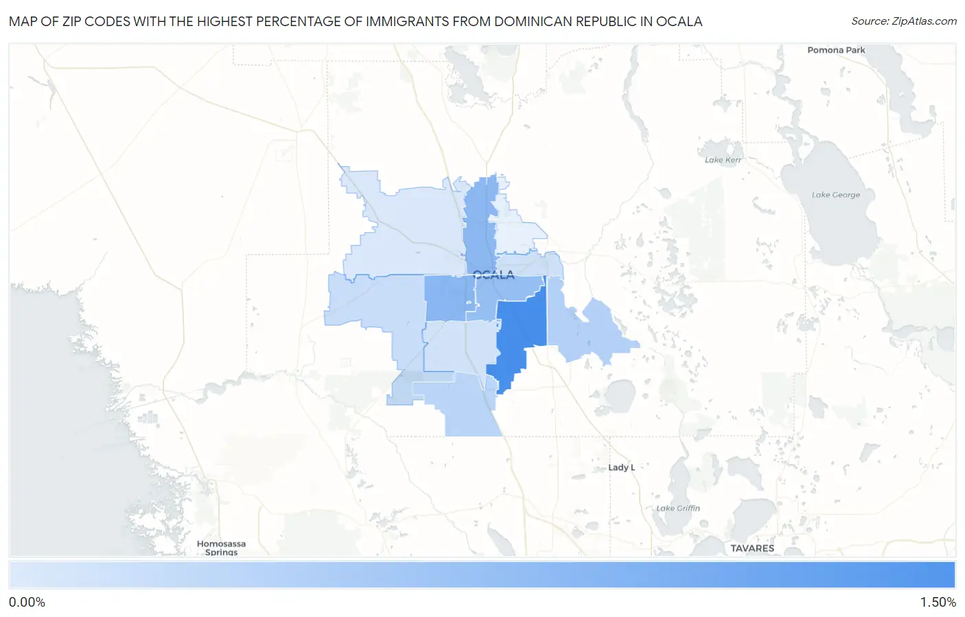 Zip Codes with the Highest Percentage of Immigrants from Dominican Republic in Ocala Map