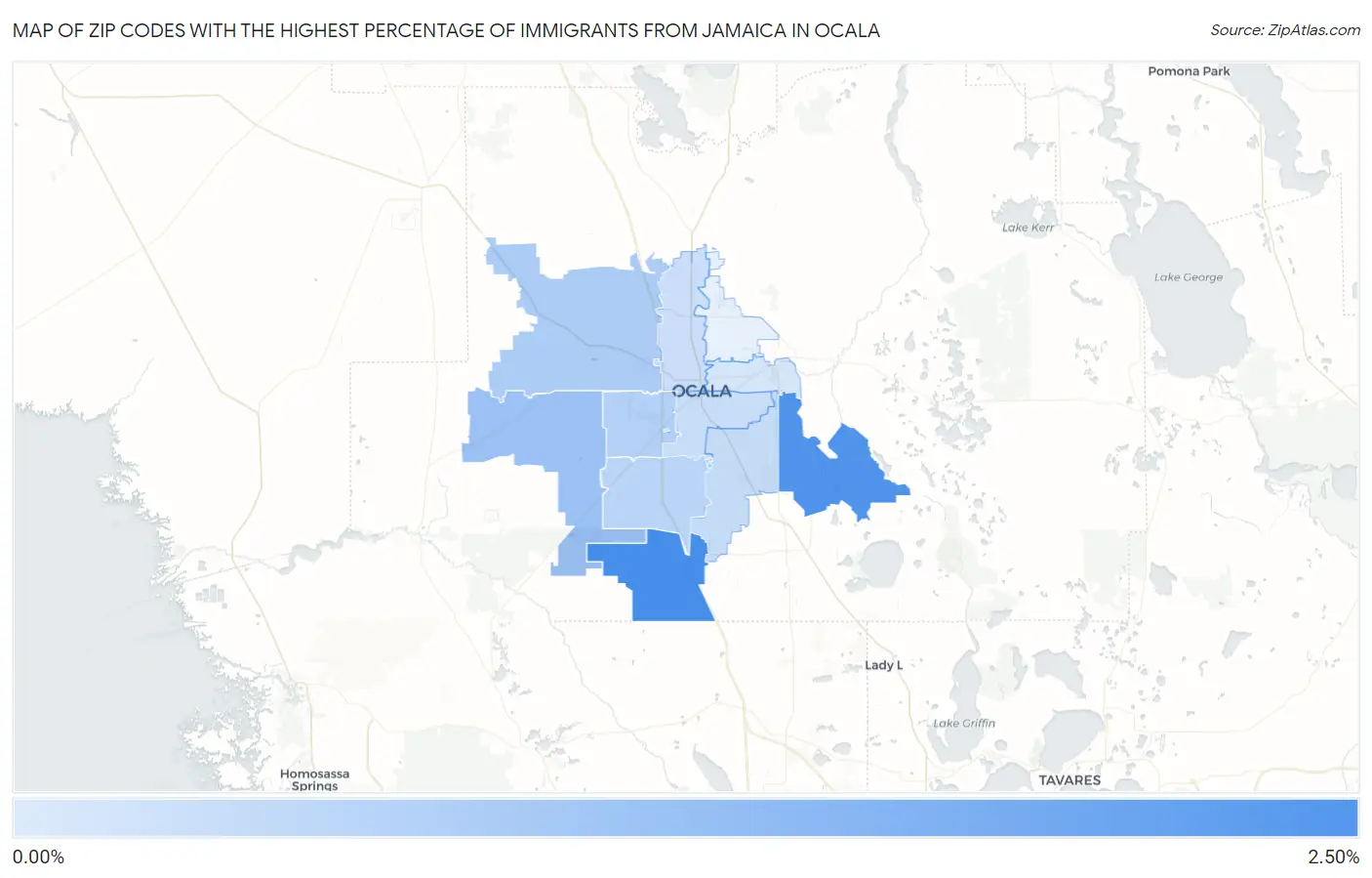 Zip Codes with the Highest Percentage of Immigrants from Jamaica in Ocala Map