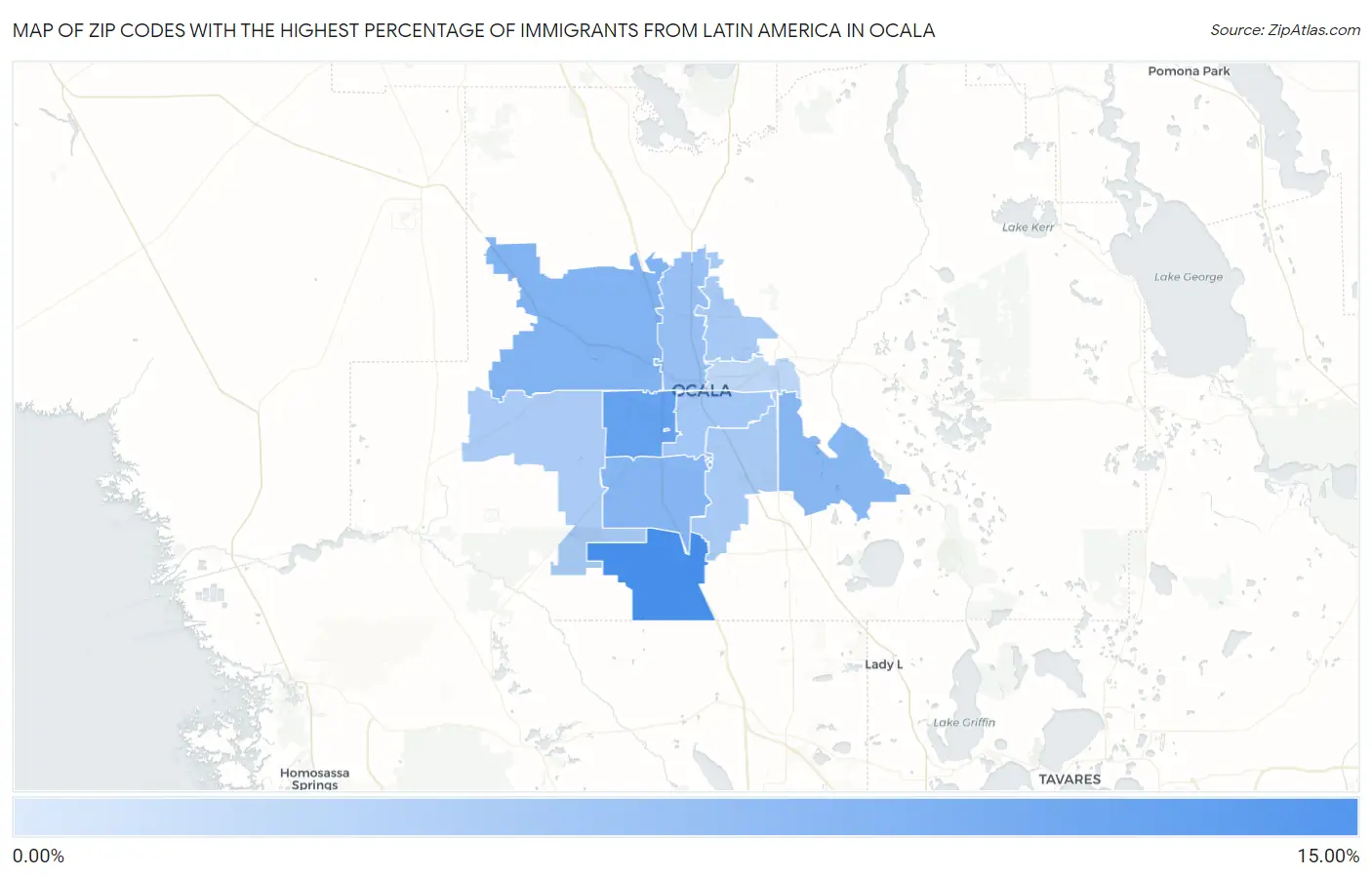 Zip Codes with the Highest Percentage of Immigrants from Latin America in Ocala Map
