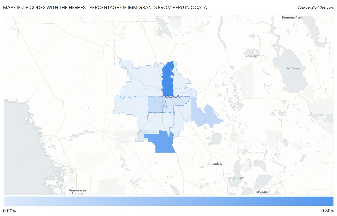 Zip Codes with the Highest Percentage of Immigrants from Peru in Ocala Map